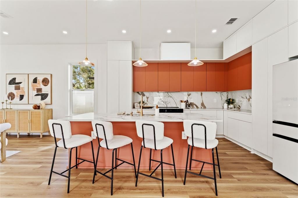 Interior, Kitchen, Marble Walls, Pendant Lights, Recessed Lighting, Wood Texture Flooring