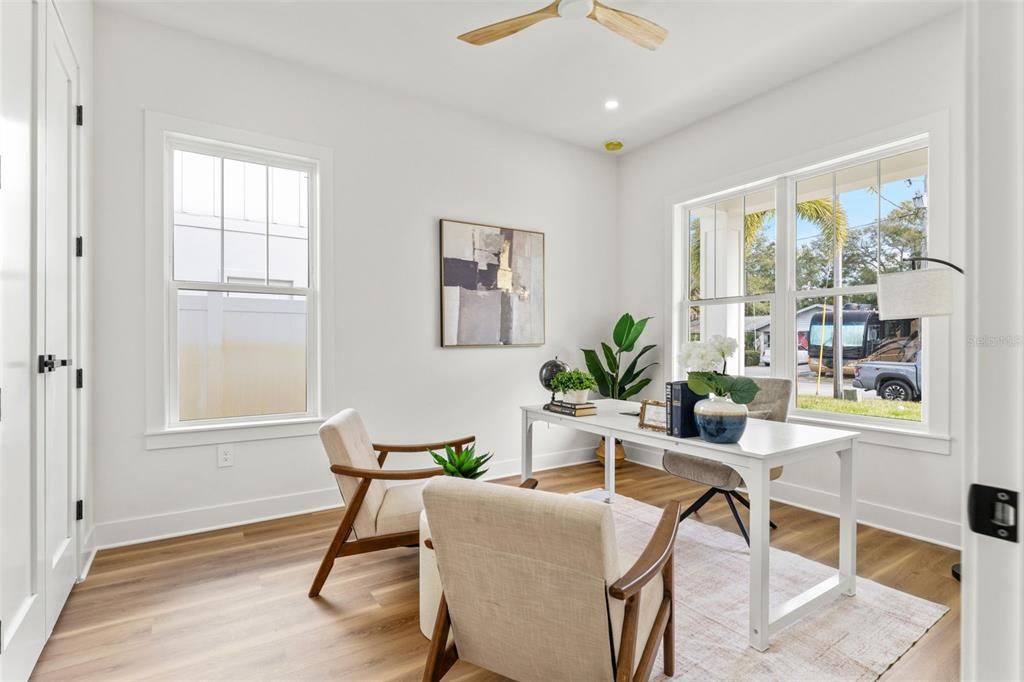 Home Office, Interior, Recessed Lighting, Wood Texture Flooring