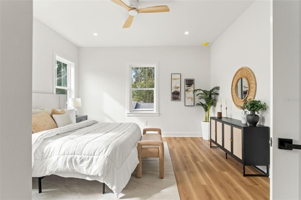 Bedroom, Interior, Recessed Lighting, Wood Texture Flooring