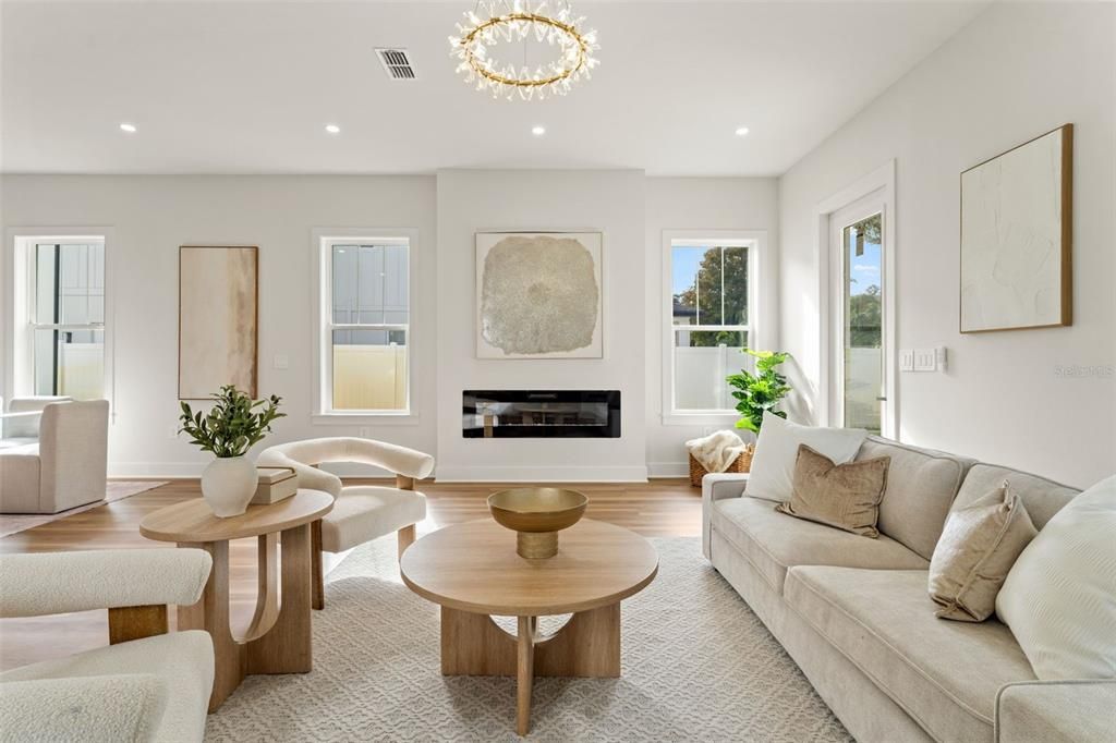 Fireplace, Interior, Living room, Recessed Lighting, Wood Texture Flooring