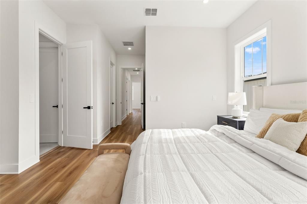 Bedroom, Interior, Recessed Lighting, Wood Texture Flooring