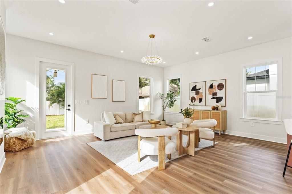 Chandelier, Interior, Living room, Recessed Lighting, Wood Texture Flooring