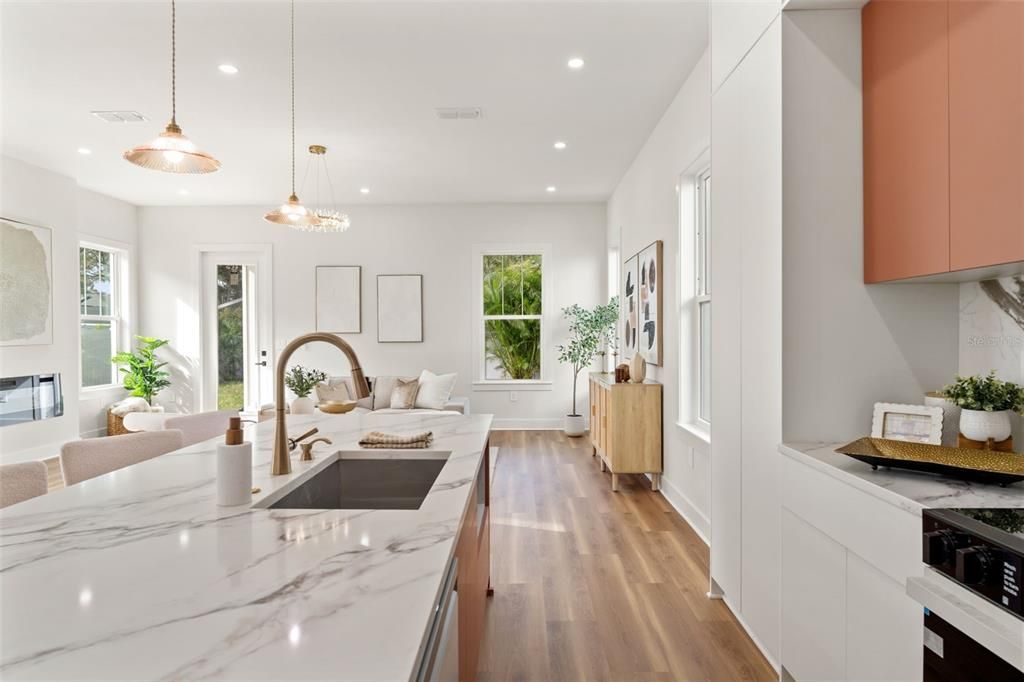 Interior, Kitchen, Pendant Lights, Recessed Lighting, Wood Texture Flooring