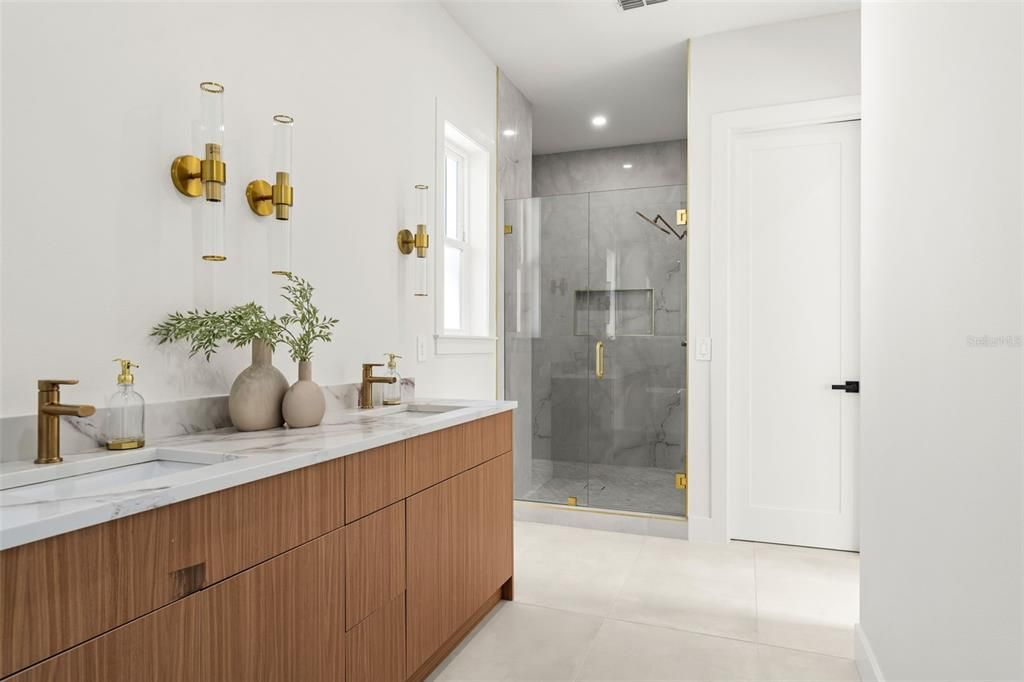Bathroom, Dual Sink Vanities, Glass Shower, Interior, Marble Walls, Recessed Lighting