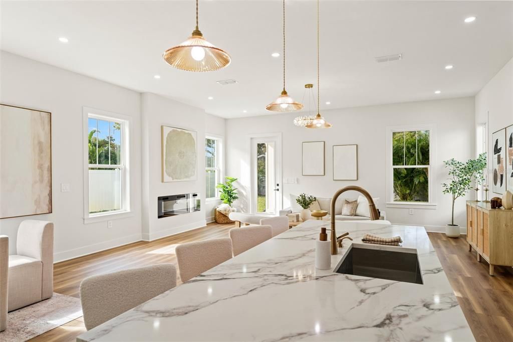 Dining room, Fireplace, Interior, Kitchen, Living room, Pendant Lights, Recessed Lighting, Wood Texture Flooring