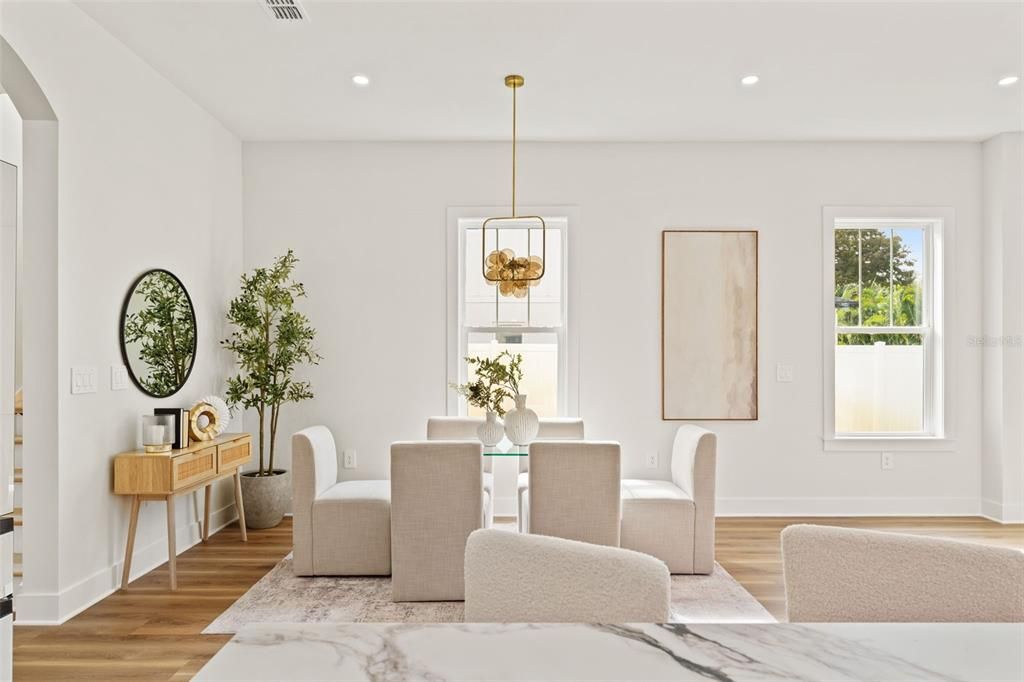 Dining room, Interior, Pendant Lights, Recessed Lighting, Wood Texture Flooring