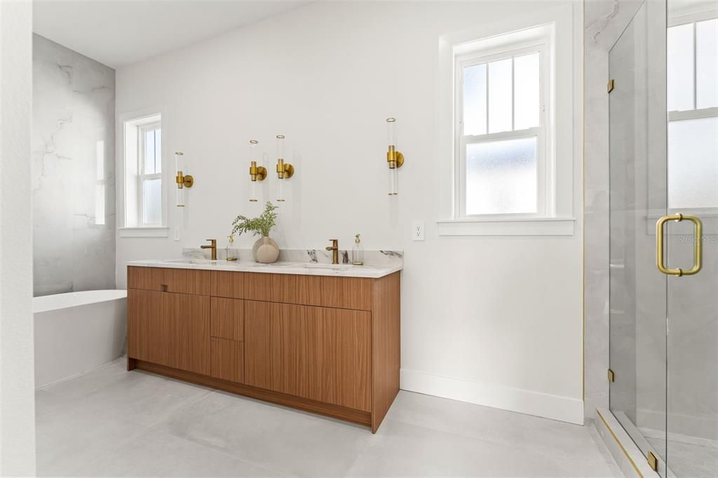 Bathroom, Dual Sink Vanities, Glass Shower, Interior, Marble Walls