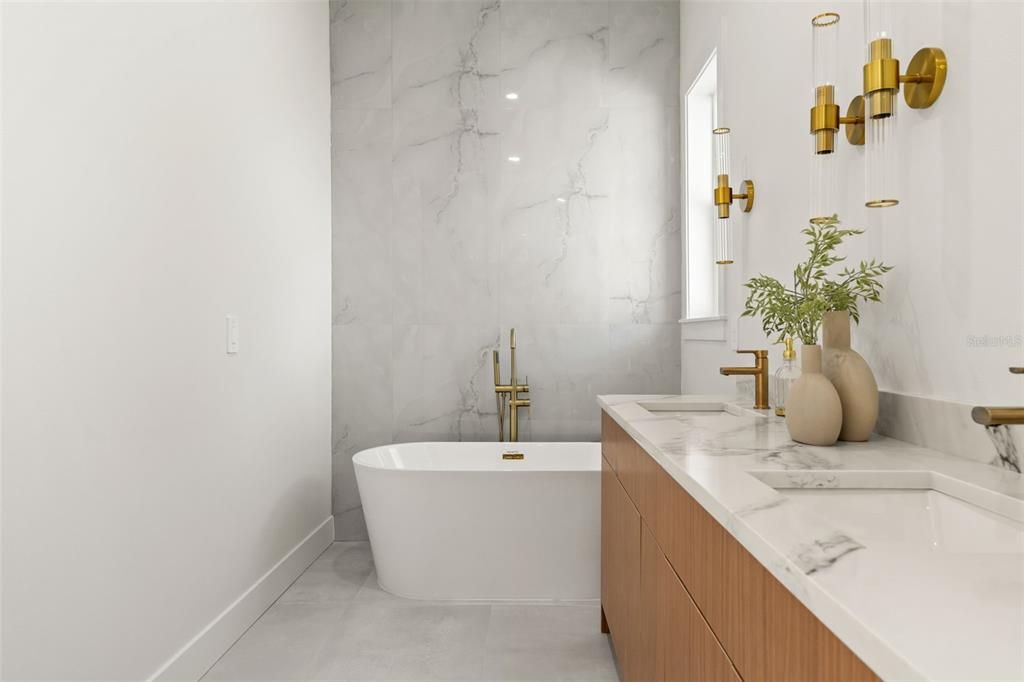 Bathroom, Dual Sink Vanities, Free Standing Baths, Interior, Marble Walls