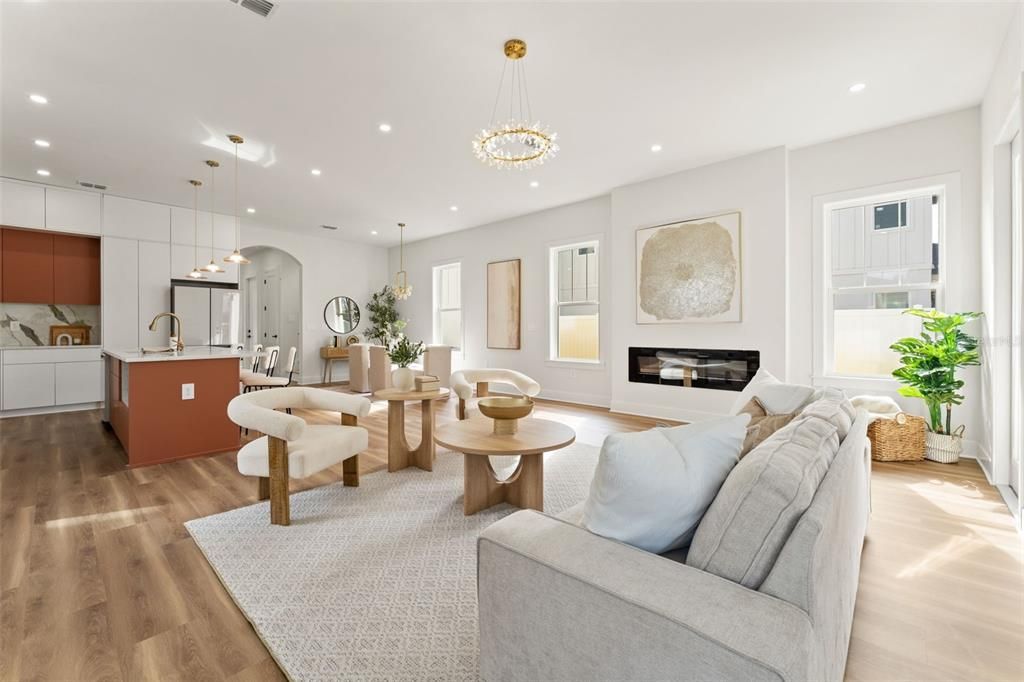 Dining room, Fireplace, Interior, Kitchen, Living room, Pendant Lights, Recessed Lighting, Wood Texture Flooring