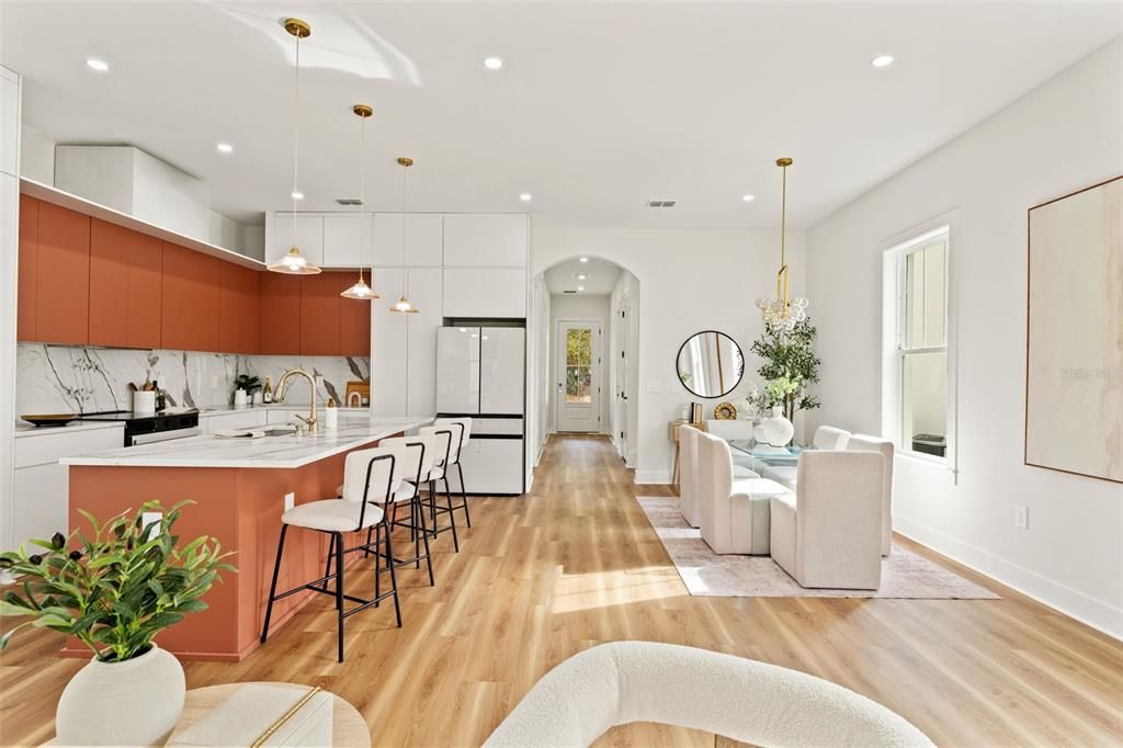 Dining room, Interior, Kitchen, Pendant Lights, Recessed Lighting, Wood Texture Flooring