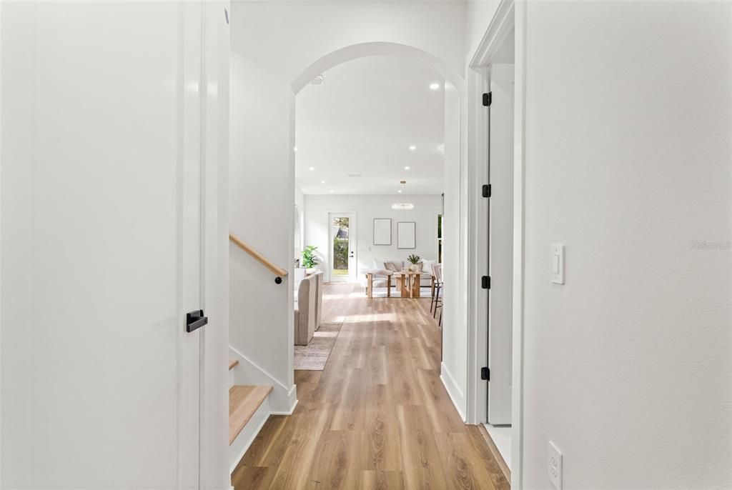 Dining room, Interior, Pendant Lights, Recessed Lighting, Wood Texture Flooring
