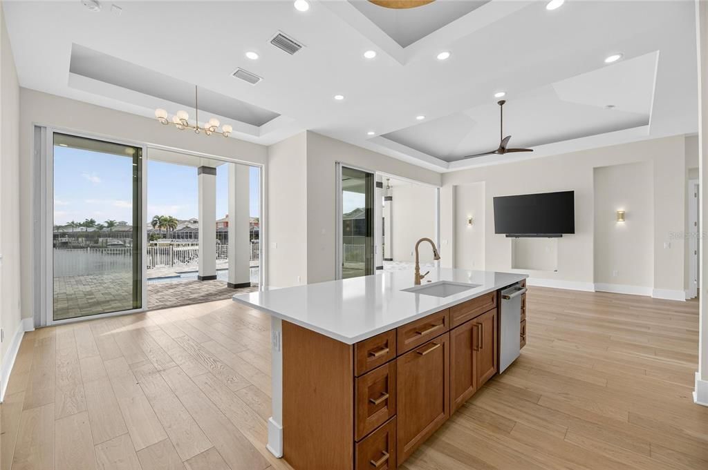Chandelier, Interior, Kitchen, Recessed Lighting, Water, Wood Texture Flooring