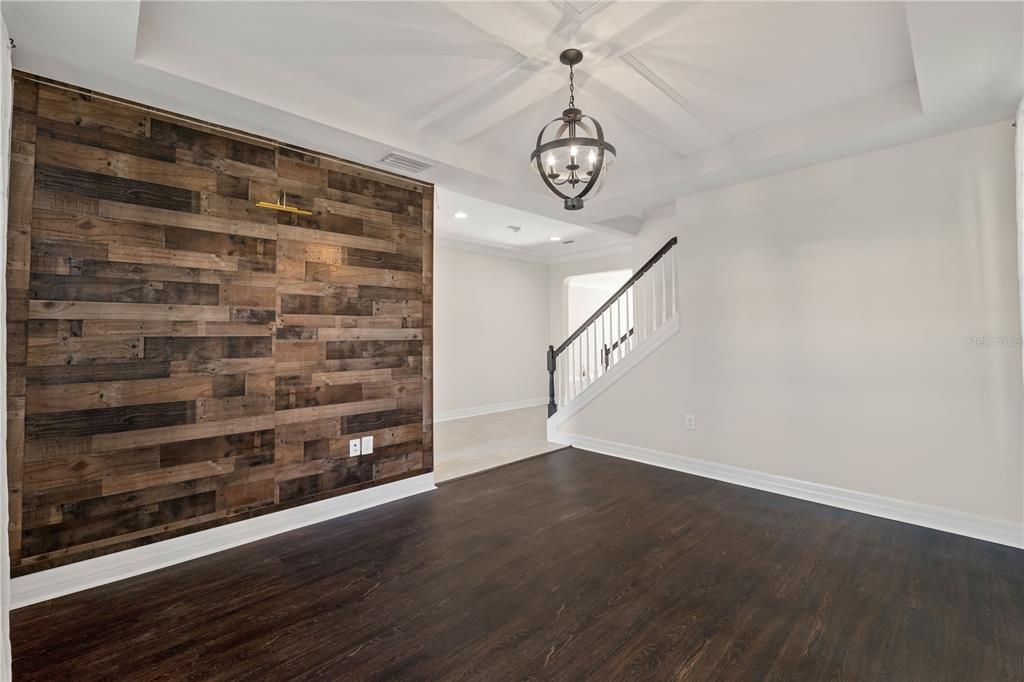 Empty room, Interior, Pendant Lights, Recessed Lighting, Wood Texture Flooring, Wooden Walls