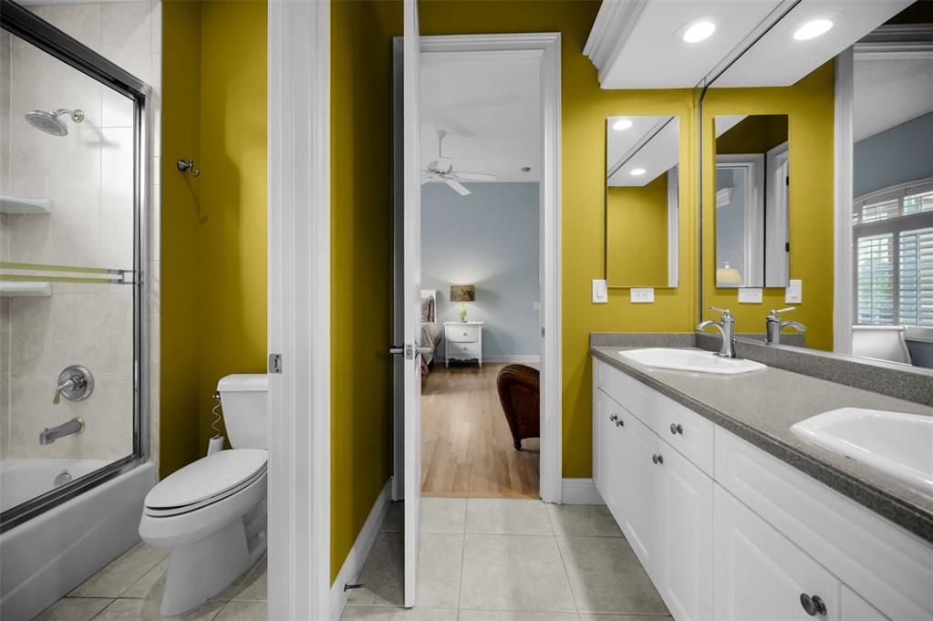 Bathroom, Bedroom, Dual Sink Vanities, Glass Shower, Interior, Recessed Lighting, Wood Texture Flooring