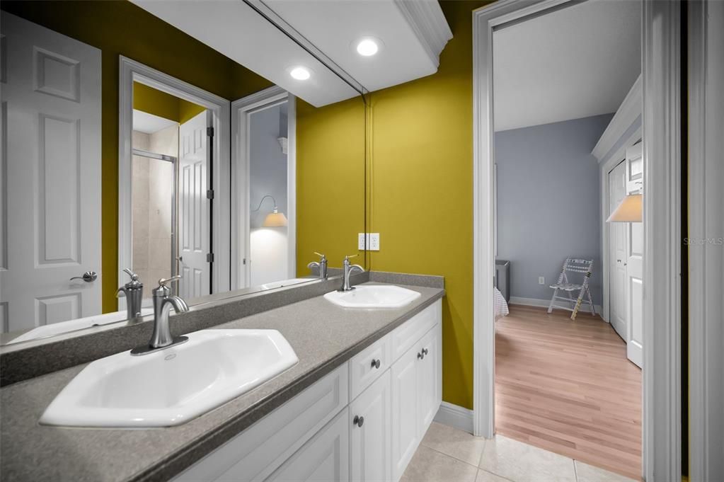 Bathroom, Dual Sink Vanities, Interior, Recessed Lighting, Wood Texture Flooring