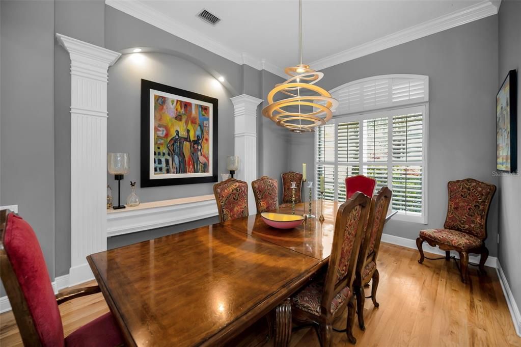 Dining room, Interior, Pendant Lights, Recessed Lighting, Wood Texture Flooring
