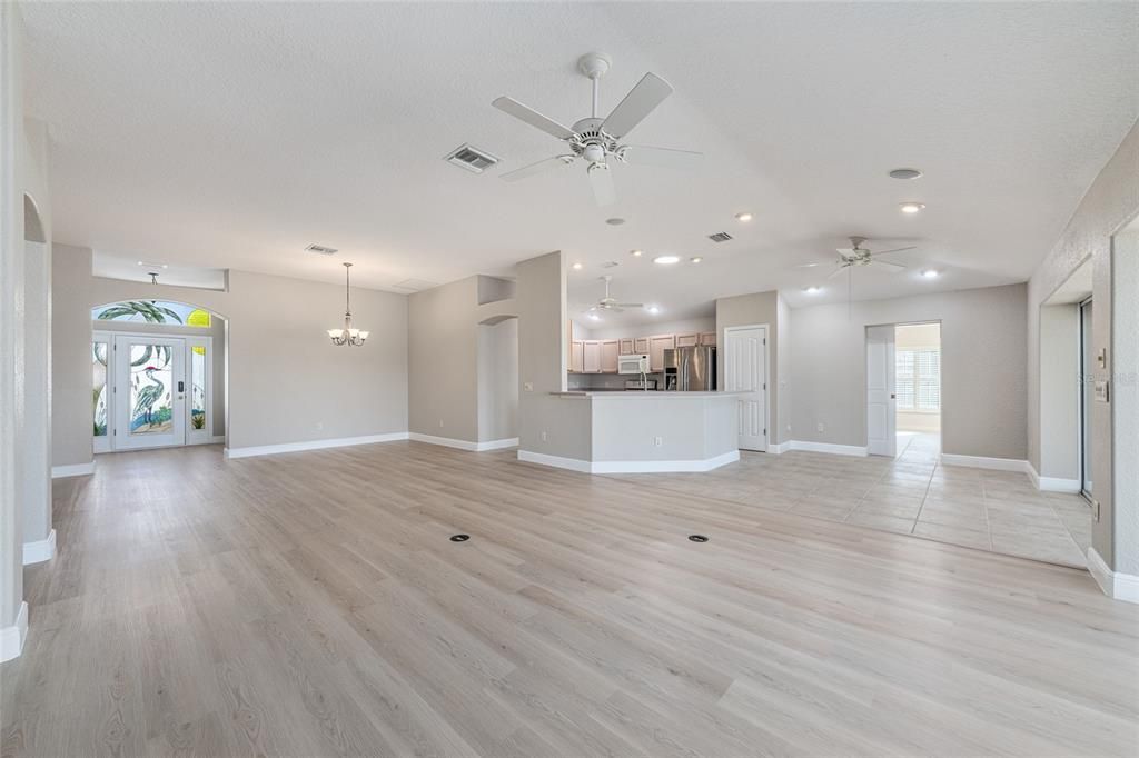 Chandelier, Empty room, Interior, Kitchen, Recessed Lighting, Wood Texture Flooring