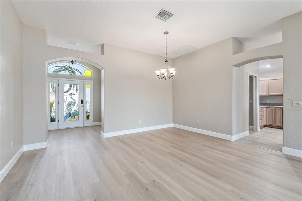 Chandelier, Empty room, Interior, Pendant Lights, Recessed Lighting, Wood Texture Flooring