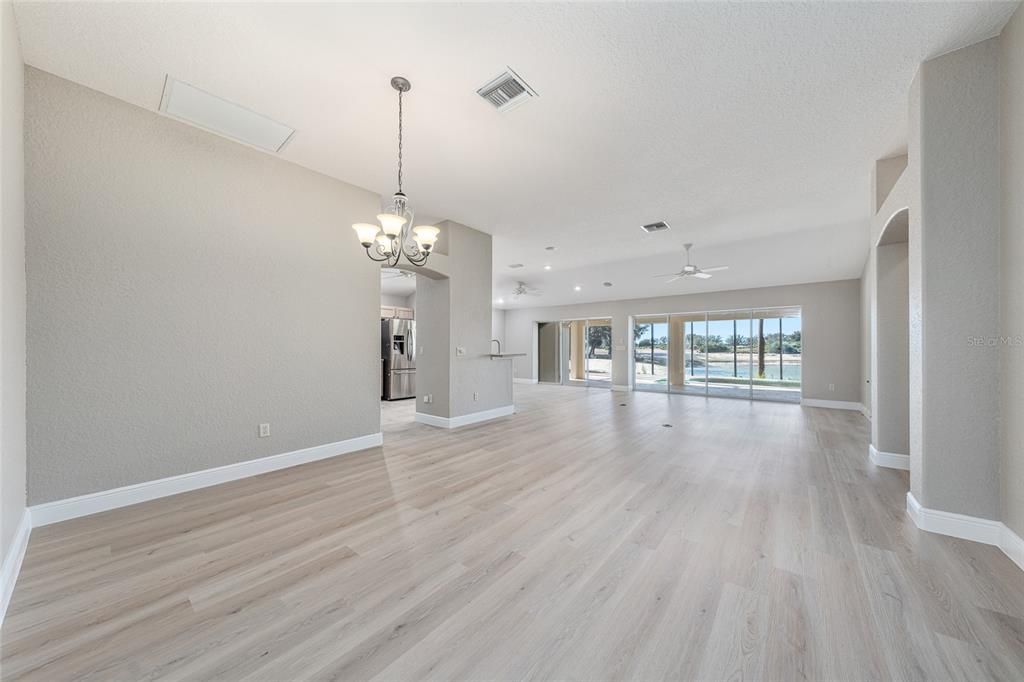 Chandelier, Empty room, Interior, Recessed Lighting, Wood Texture Flooring