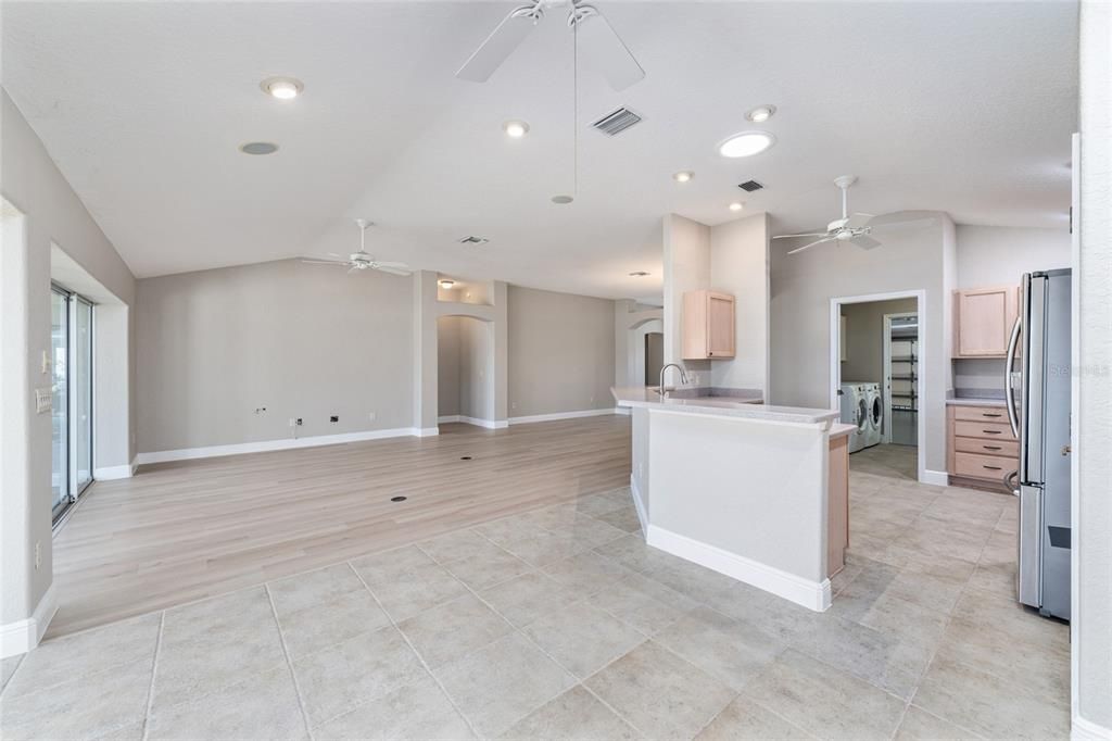 Empty room, Interior, Kitchen, Recessed Lighting, Wood Texture Flooring