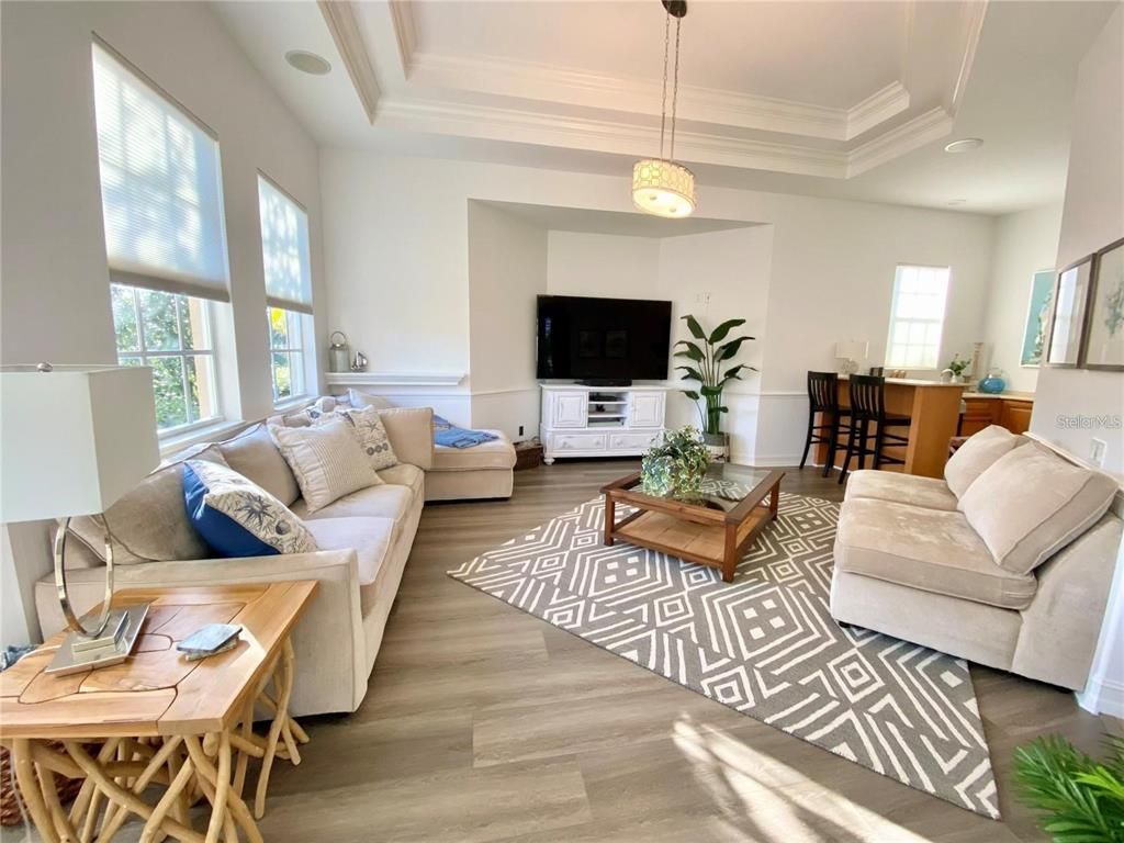 Dining room, Interior, Living room, Pendant Lights, Wood Texture Flooring