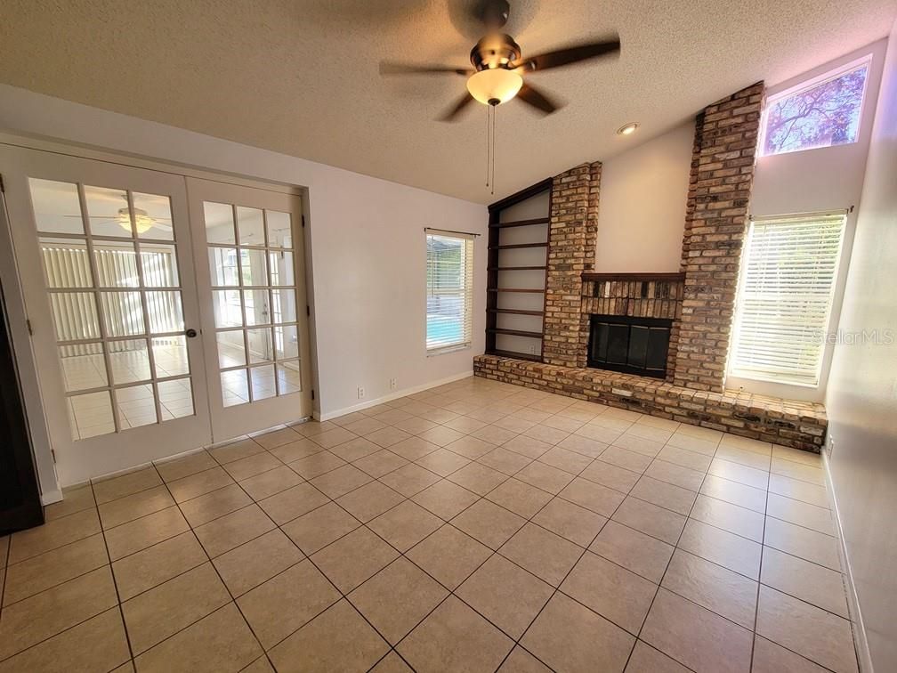 Empty room, Fireplace, Interior, Recessed Lighting, Stone Walls