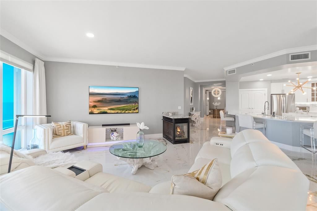 Fireplace, Interior, Kitchen, Living room, Pendant Lights, Recessed Lighting, Stainless Steel Appliances