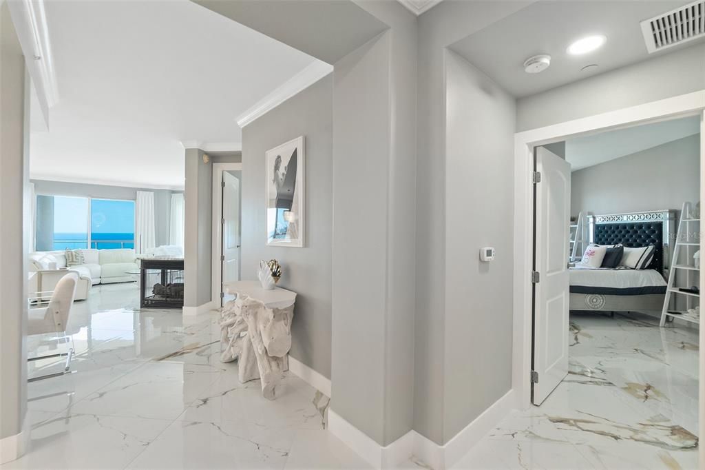 Bedroom, Fireplace, Interior, Marble, Recessed Lighting, Water