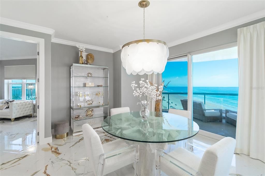 Dining room, Interior, Marble, Pendant Lights, Water