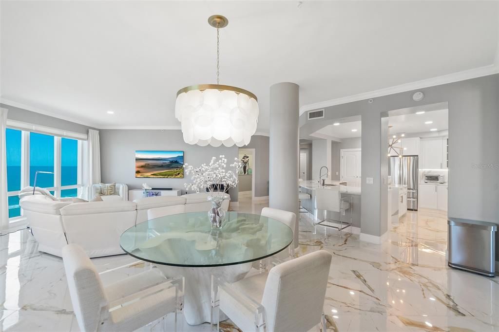 Dining room, Interior, Kitchen, Living room, Marble, Pendant Lights, Recessed Lighting, Water