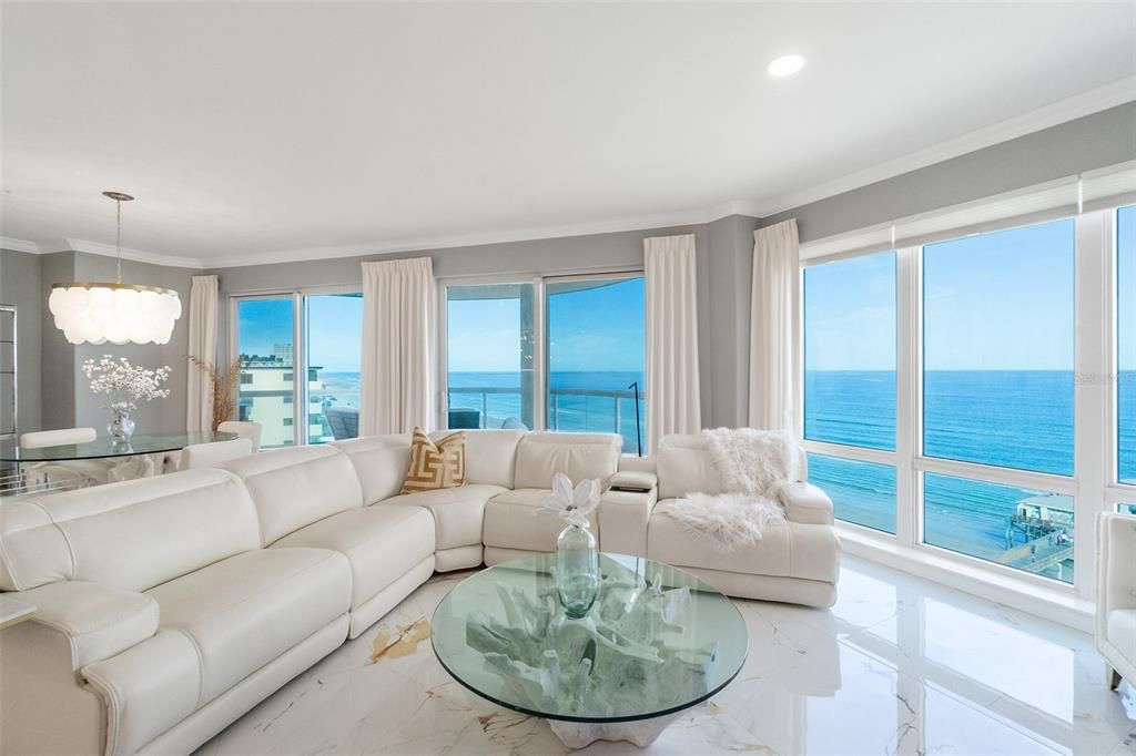 Dining room, Interior, Living room, Marble, Pendant Lights, Recessed Lighting, Water