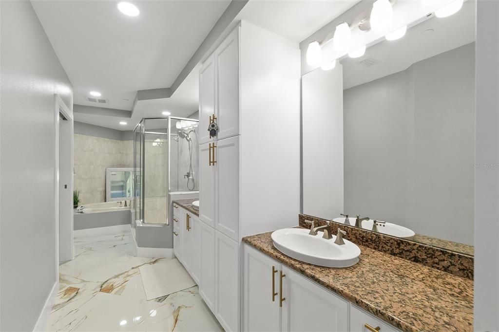 Bathroom, Dual Sink Vanities, Glass Shower, Interior, Marble, Recessed Lighting
