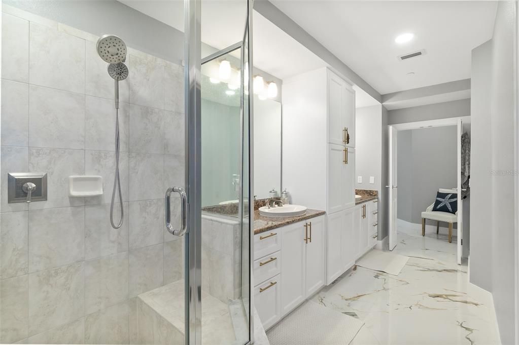 Bathroom, Dual Sink Vanities, Glass Shower, Interior, Marble, Recessed Lighting
