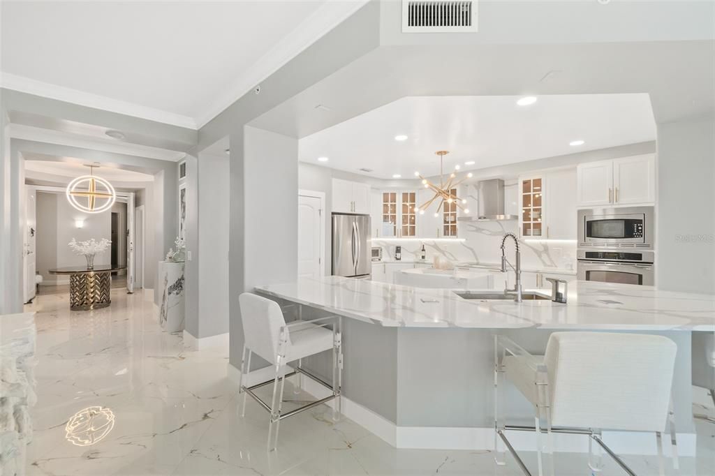 Interior, Kitchen, Marble, Pendant Lights, Recessed Lighting, Stainless Steel Appliances