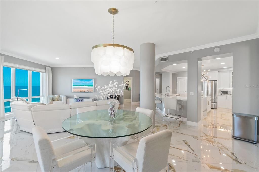 Dining room, Interior, Kitchen, Living room, Marble, Pendant Lights, Recessed Lighting, Water