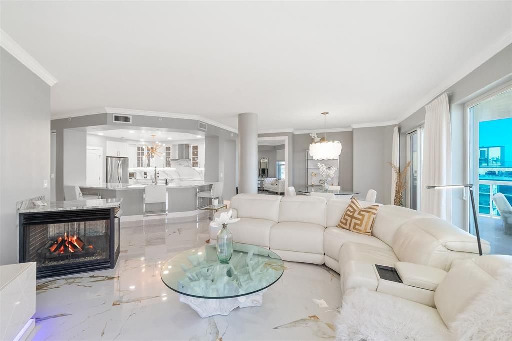 Chandelier, Dining room, Fireplace, Interior, Kitchen, Living room, Marble, Pendant Lights, Recessed Lighting