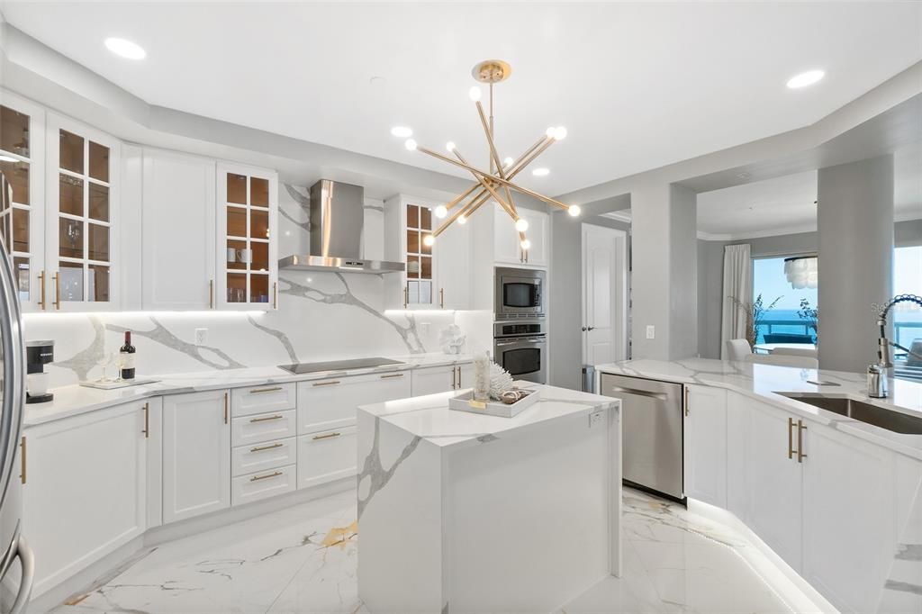 Interior, Kitchen, Marble, Pendant Lights, Recessed Lighting, Stainless Steel Appliances, Water