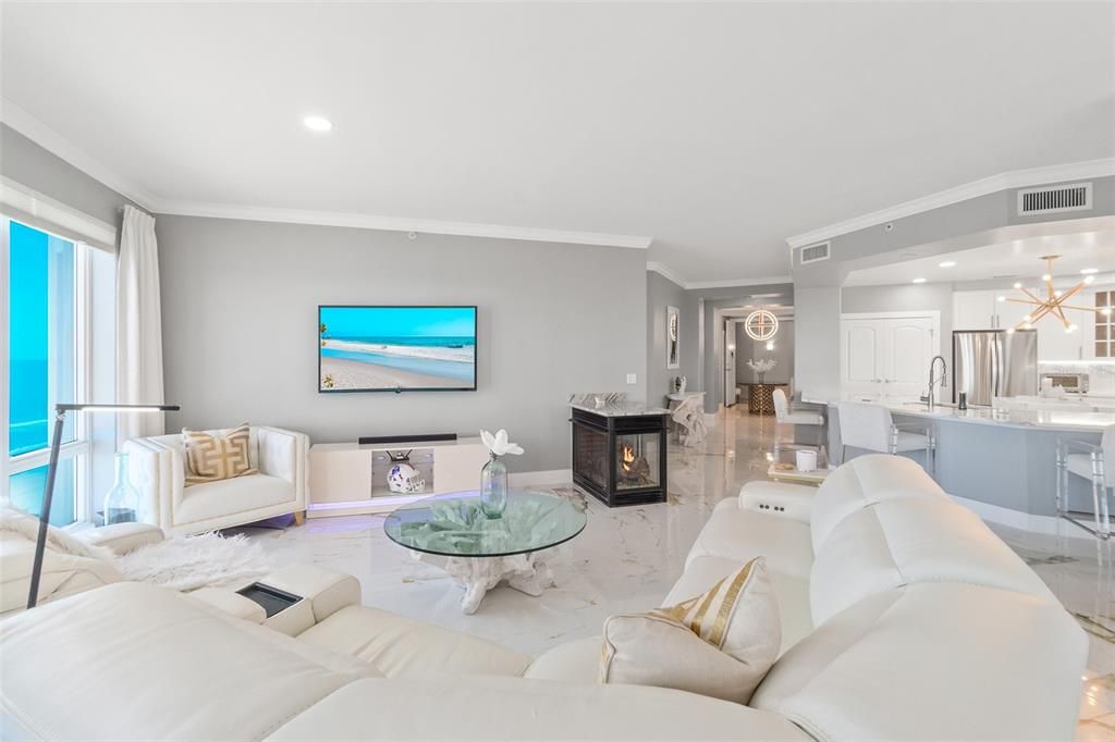 Fireplace, Interior, Kitchen, Living room, Pendant Lights, Recessed Lighting, Stainless Steel Appliances