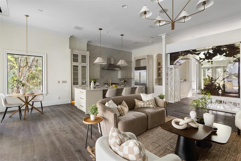 Dining room, Interior, Kitchen, Living room, Pendant Lights, Recessed Lighting, Stainless Steel Appliances, Wood Texture Flooring