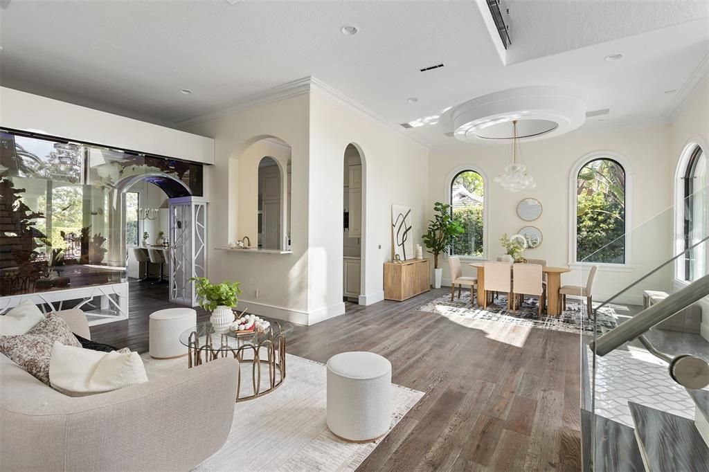 Dining room, Interior, Living room, Pendant Lights, Recessed Lighting, Wood Texture Flooring