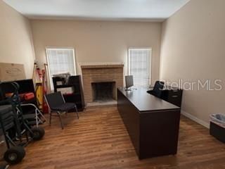 Fireplace, Home Office, Interior, Recessed Lighting, Wood Texture Flooring