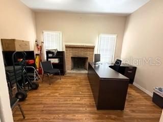 Fireplace, Home Office, Interior, Stone Walls, Wood Texture Flooring