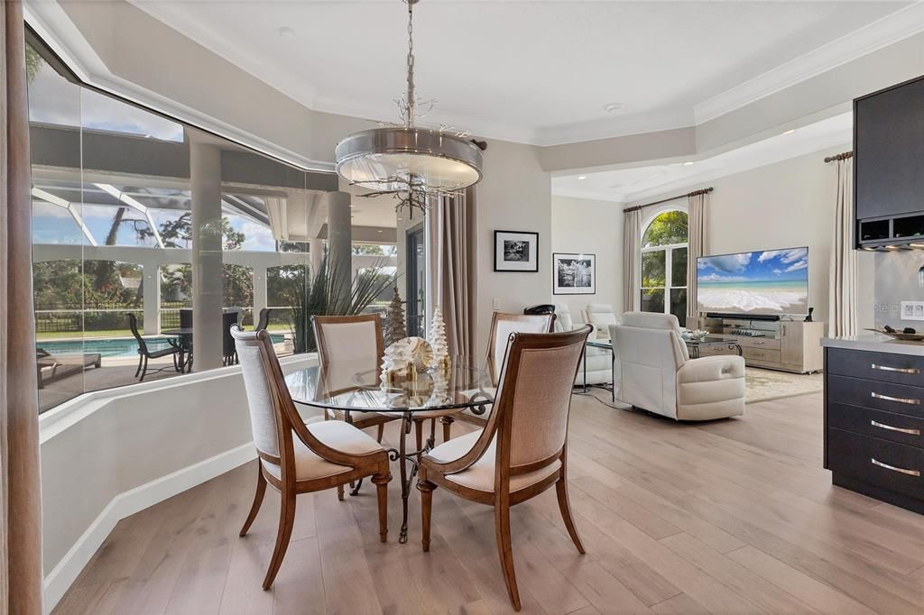 Chandelier, Dining room, Interior, Living room, Pendant Lights, Recessed Lighting, Wood Texture Flooring