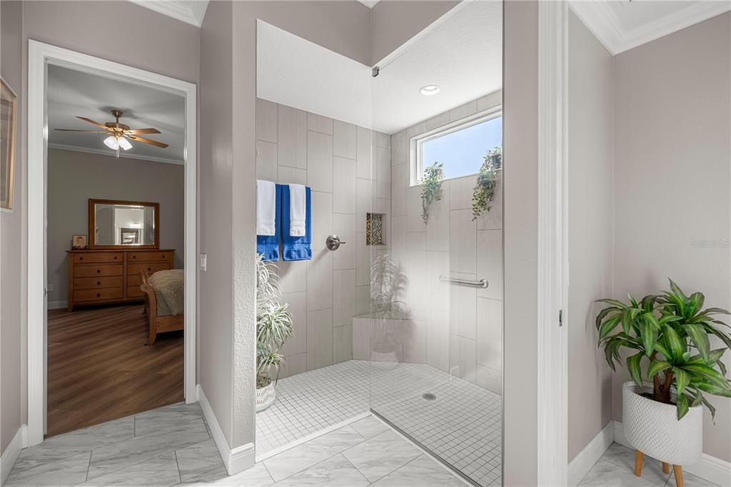 Bathroom, Glass Shower, Interior, Marble, Recessed Lighting, Wood Texture Flooring