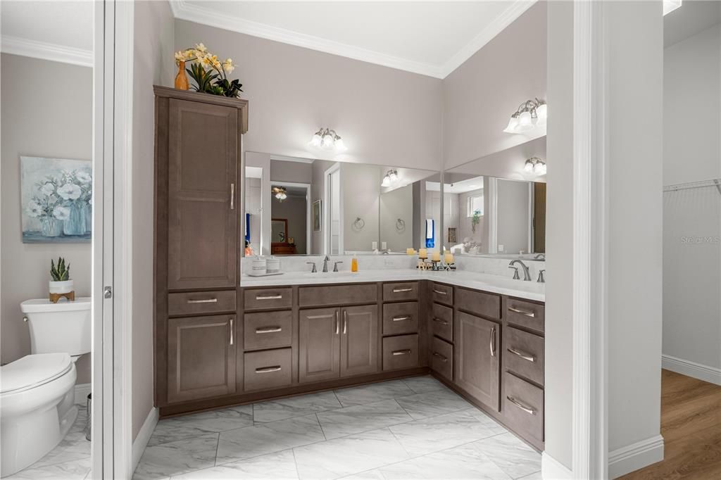 Bathroom, Dual Sink Vanities, Interior, Marble, Wood Texture Flooring
