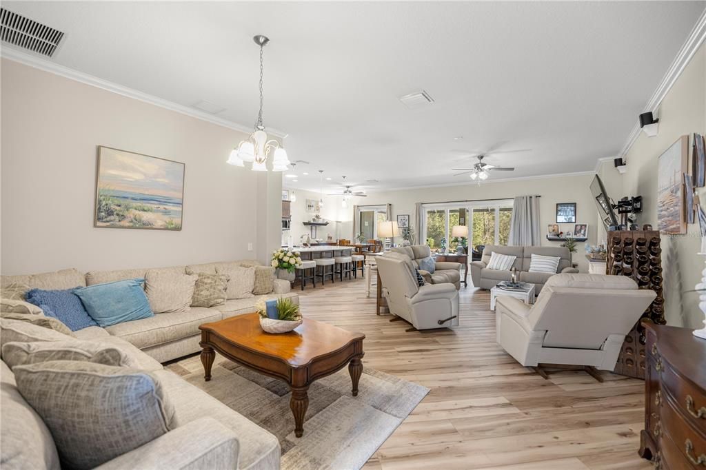 Dining room, Interior, Living room, Pendant Lights, Wood Texture Flooring
