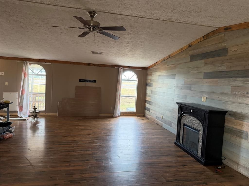 Empty room, Fireplace, Interior, Wood Texture Flooring, Wooden Walls