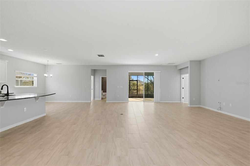 Empty room, Interior, Kitchen, Pendant Lights, Recessed Lighting, Wood Texture Flooring