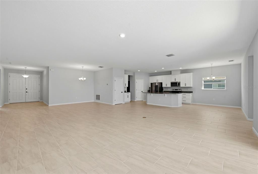 Chandelier, Empty room, Interior, Kitchen, Pendant Lights, Recessed Lighting, Stainless Steel Appliances