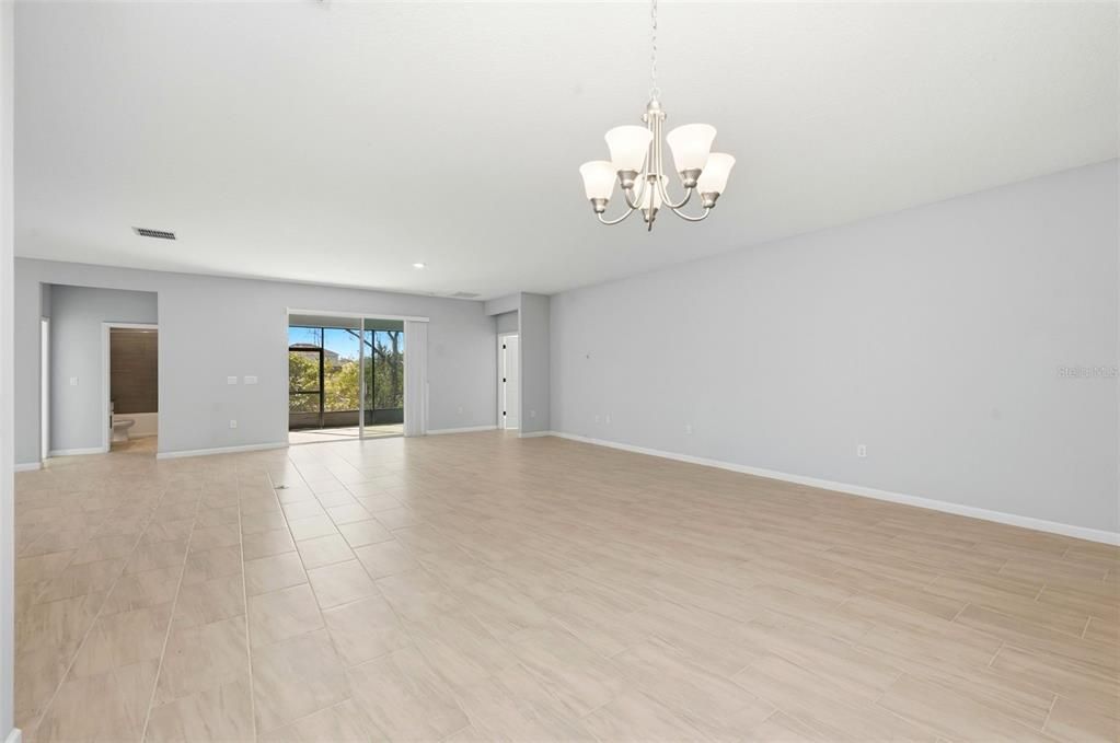 Chandelier, Empty room, Interior, Recessed Lighting, Wood Texture Flooring